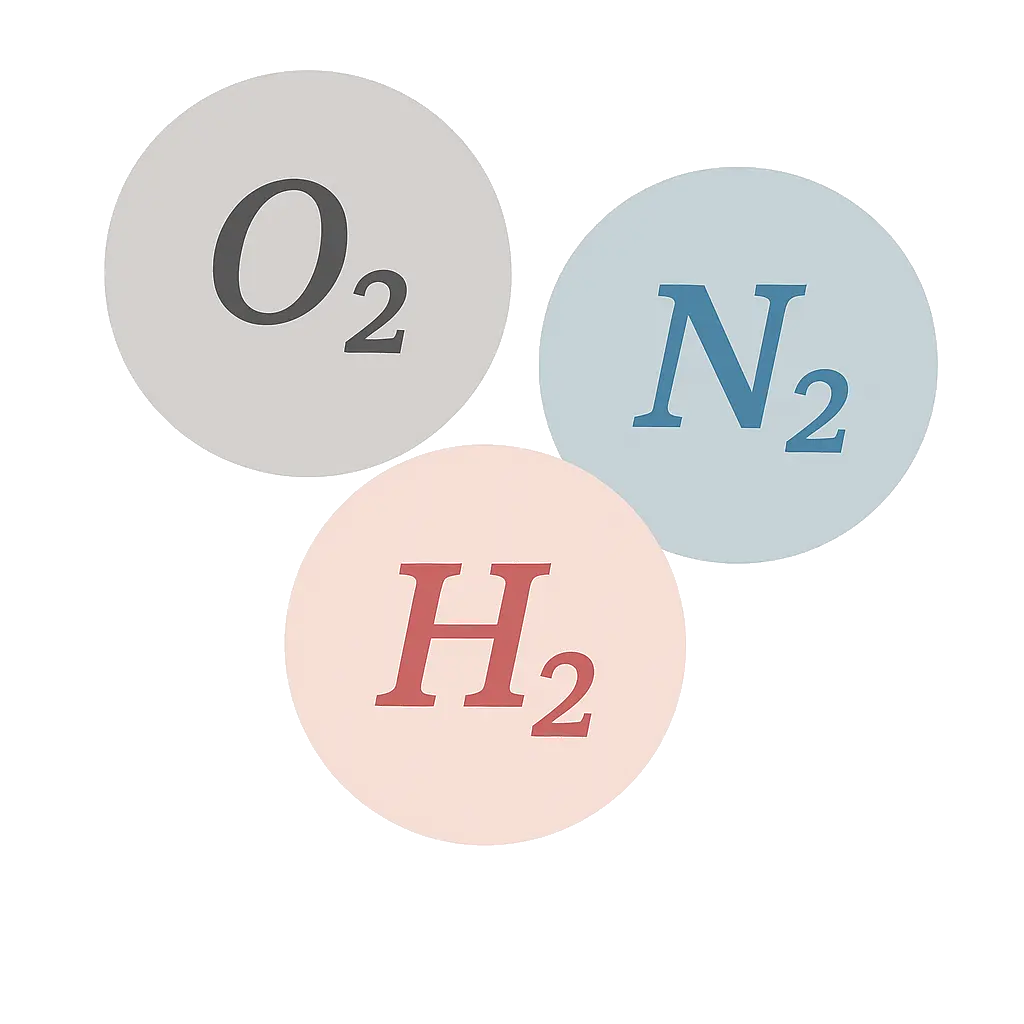 Molecular visualization of O2, N2, and H2 gas molecules for industrial gas generation